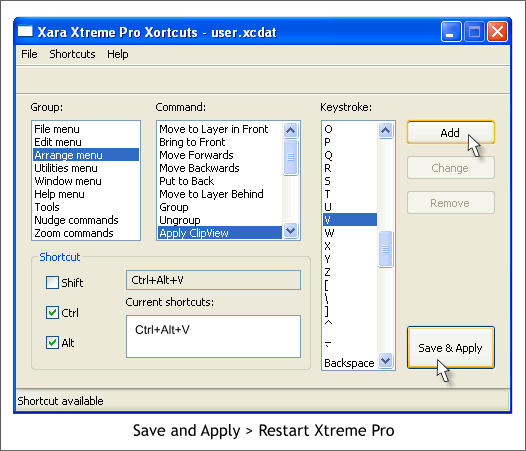 Xara Xtreme Pro - Xortcuts keyboard shortcuts utility