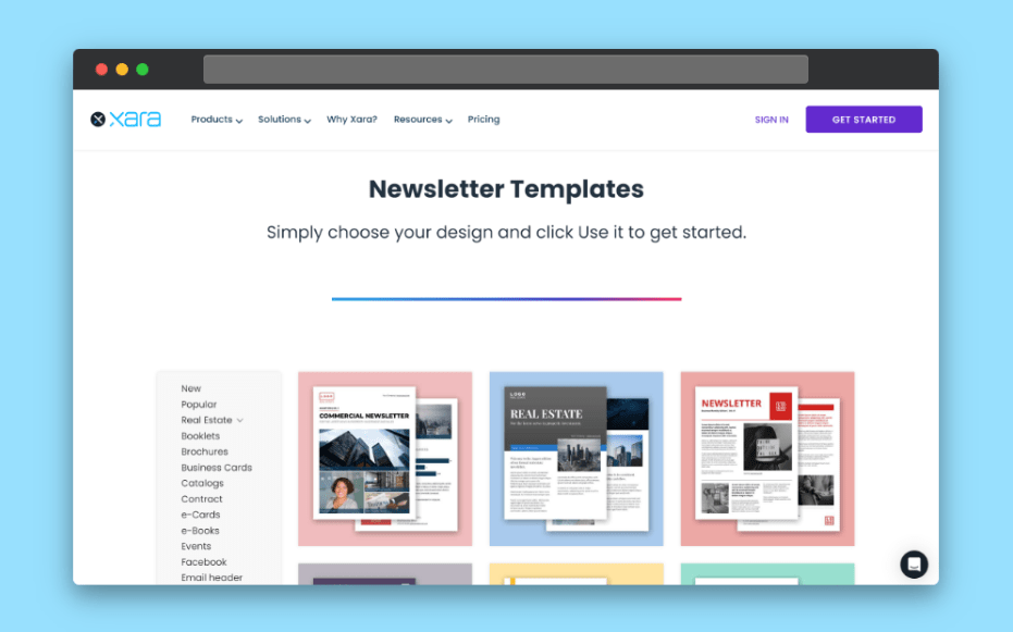 Landing page for Xara’s unique templates with the newsletter templates shown