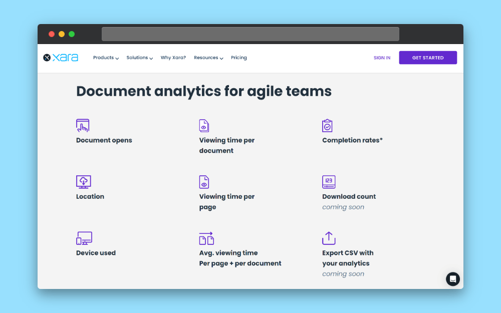 Landing page for Xara.com Showing Document Analytics for Marketing Automation Strategies