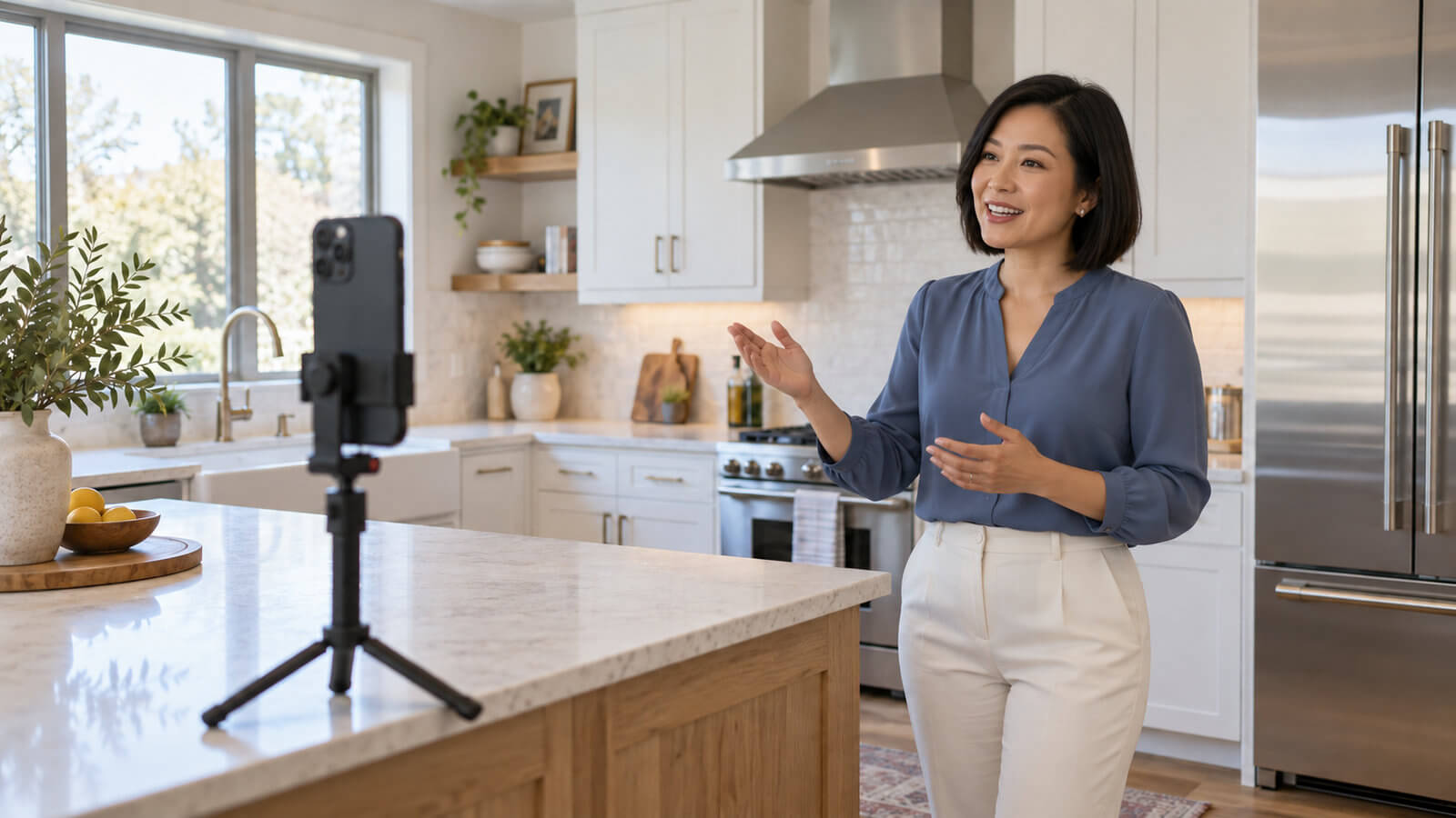 A woman records a kitchen tour using a smartphone mounted vertically on a tabletop tripod.