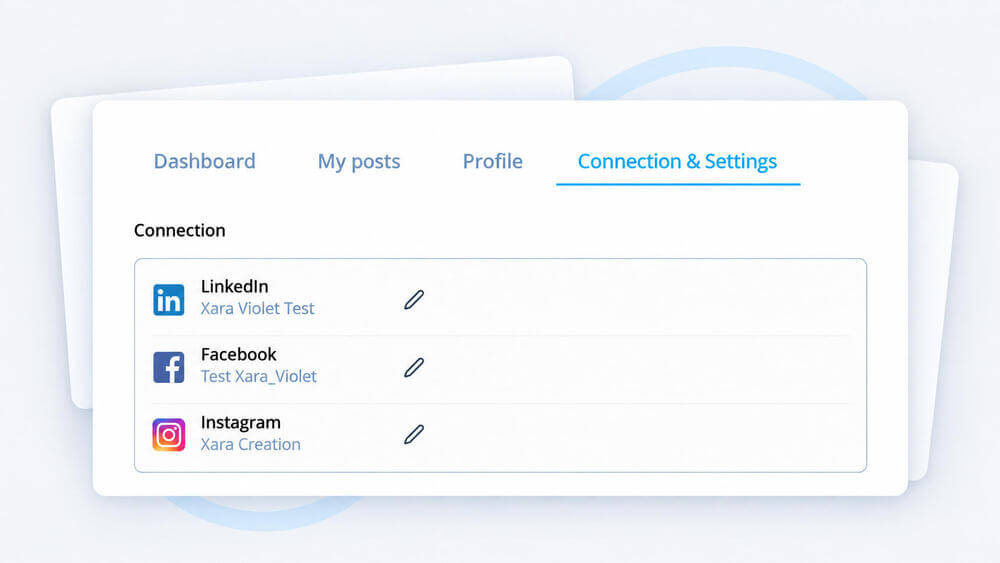 Xara connection settings showing linked LinkedIn, Facebook and Instagram accounts.