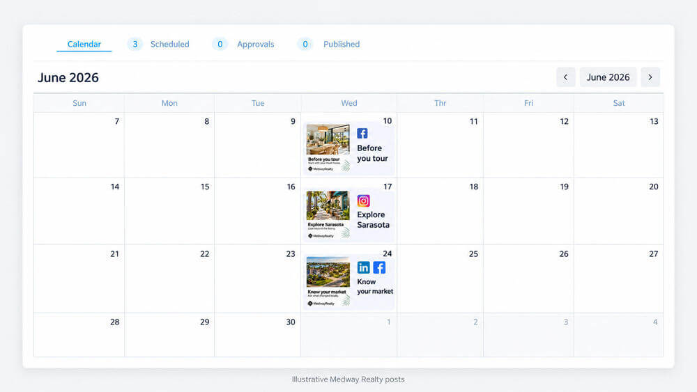 Illustrative Xara calendar showing Medway Realty posts about home tours, Sarasota and local-market questions.